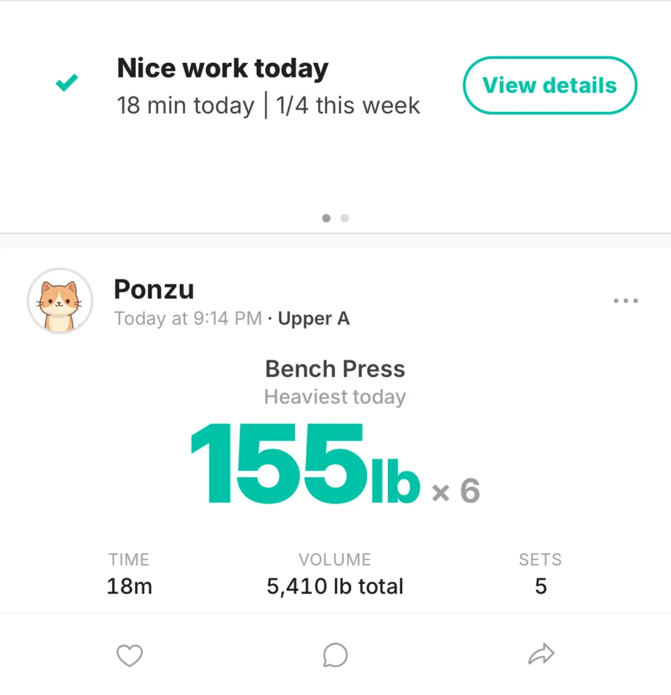 Spotpanion's Home screen after a workout: weekly goal progress at 1 of 4 workouts, and a completed Upper A workout card showing a 155 lb bench press, 18 minutes, and 5,410 lb total volume
