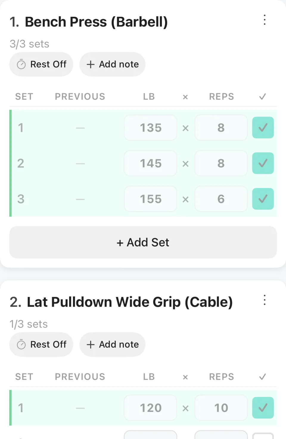 Active workout logging in Spotpanion: Bench Press with three completed sets at 135, 145, and 155 lb, and Lat Pulldown Wide Grip in progress