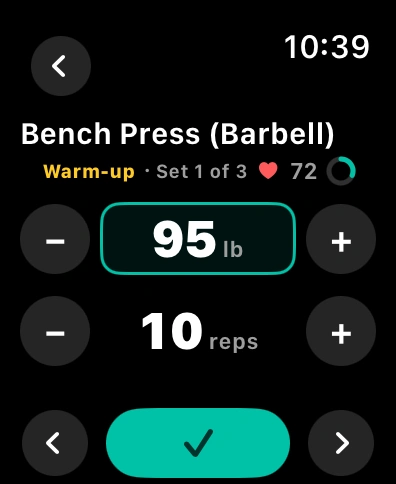 Bench Press on Apple Watch: 95 pounds and 10 reps, with controls to adjust and log your set