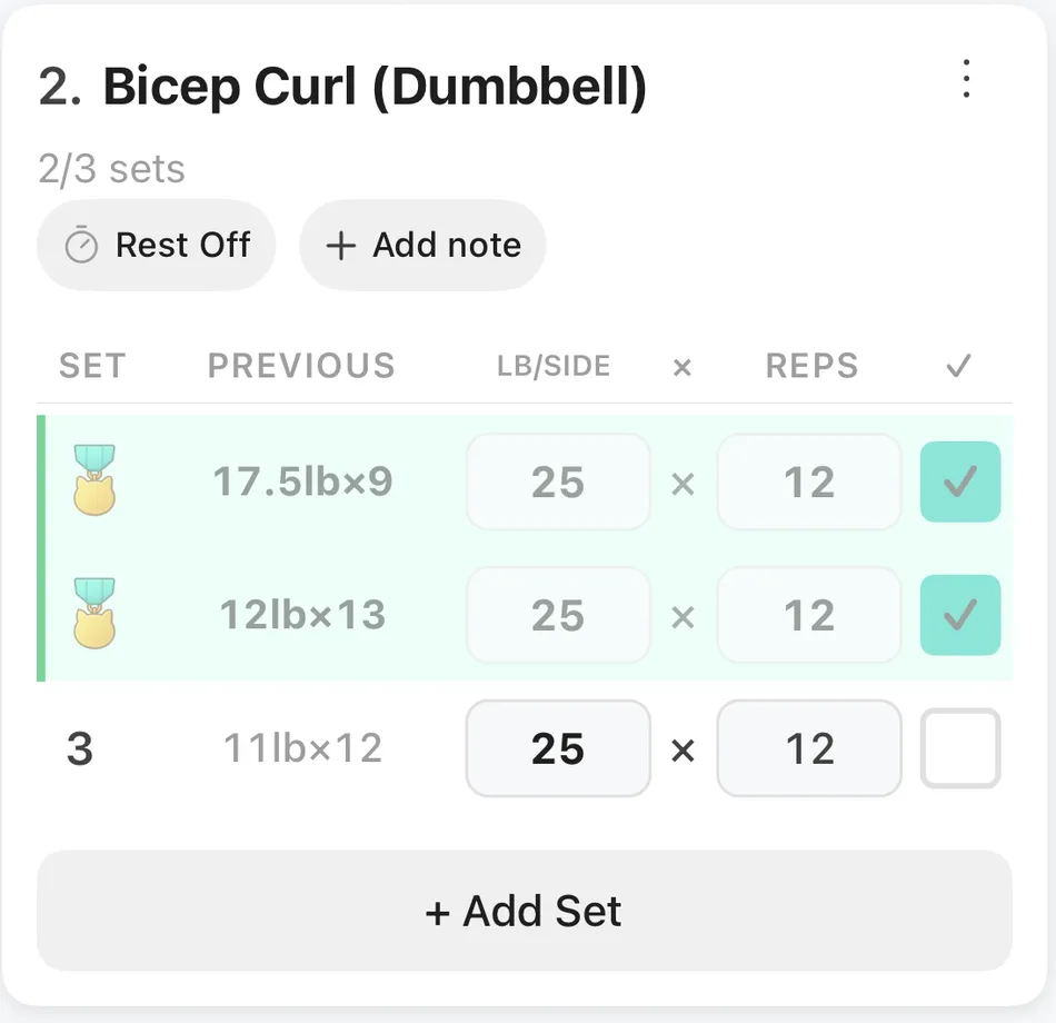 Bicep Curl in Spotpanion's workout tracker: two completed sets of 25 pounds per side and 12 reps, with one set left